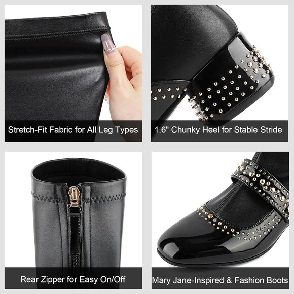 ⚡Women's Round Toe Comfortable Chunky Block Heel Elastic Stretch Tall Boots - Picture 2 of 6